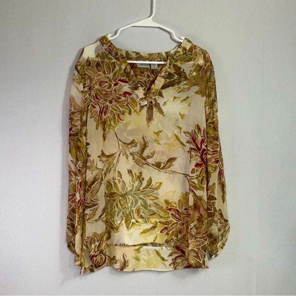 Chico's Cream, Gold & Brown 100% Silk Long Sleeve Shirt Size Medium JJ0685 - Picture 1 of 7